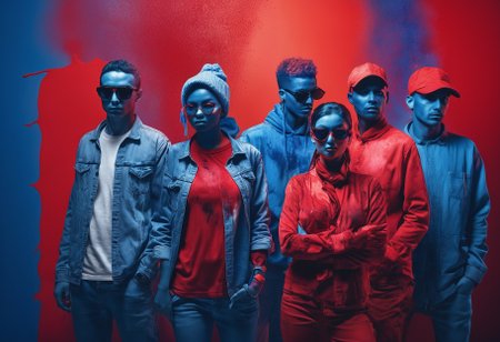 a picture of a Group of people, in the style of vibrant collage, color photography, spray painted, exotic, light indigo and red, close-up, studio photography, negative colors, split tones