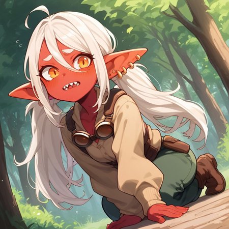 score_9, score_8_up, score_7_up, 1girl, solo, goblin girl,, red skin, orange eyes,, twintails, white hair, sharp tooth, nervous expression, ear piercing, earrings, long pointy ears, plump, looking at viewer, engineer uniform, little  female, forest background, dutch angle, goggles over head, full body, stand up