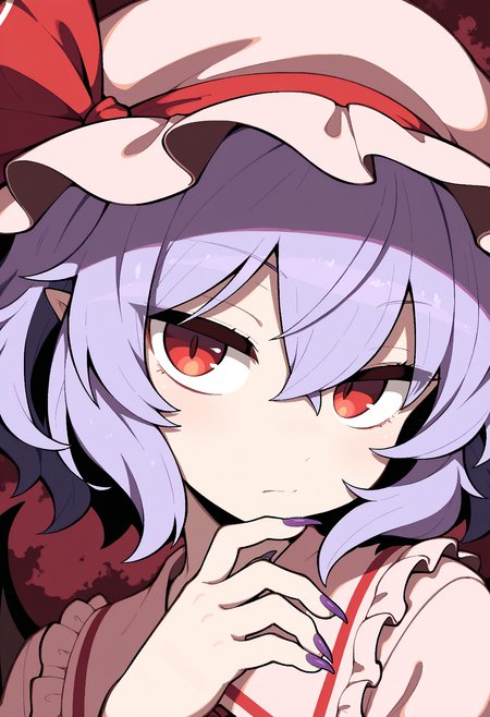 masterpiece,best quality,amazing quality,
1girl, solo, remilia scarlet, hat, mob cap, short hair, fingernails, looking at viewer, red eyes, hair between eyes, white headwear, closed mouth, ribbon, portrait, purple hair, long fingernails, purple nails, bangs, wings, hat ribbon, nail polish, bat wings, red ribbon,
 <lora:AverageHanzo_epoch_10:1>