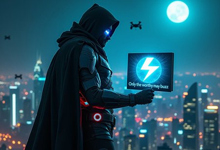 A mysterious, hooded figure stands atop a skyscraper at night, silhouetted against a city skyline lit with a sea of neon lights. The figure’s cloak billows in the wind, revealing hints of futuristic armor underneath, sleek and metallic with glowing accents. In one hand, he holds a small, high-tech sign that projects a hologram of a lightning bolt symbol, like a digital “buzz” emblem, spinning slowly in the air. The sign reads in sharp, bold letters: “Only the worthy may buzz.”
The figure’s face is mostly hidden by his hood, but a faint, piercing glow shines from one of his eyes, hinting at a powerful, enigmatic presence. Around him, the skyscraper’s lights flash in rhythm, almost as if the whole city pulses with anticipation. High-tech drones hover nearby, each displaying the same lightning symbol, casting a cool, electric blue light across the scene. In the distance, clouds part to reveal a full moon, adding to the dark, cyberpunk vibe.
This image has a sleek, intense energy, capturing a sense of power and mystery as if this lone figure is summoning only those who dare to “buzz” up to his level.