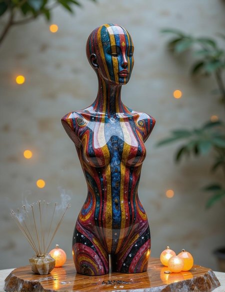 <lora:ck-polygon-gems-0019.safetensors:1> a crafted gemstone model in the style of cklg featuring a
In the heart of Isfahan's grand الت+]گر فن (art district), a vibrant, artistic female torso mannequin stands as a beacon of enchantment. The mannequin, a creation of the finest artisans, is adorned with an array of colorful patterns that seem to shimmer with a life of their own. Her neck and shoulders are painted with vertical rainbow stripes, each line glowing softly as if illuminated by an inner light. These stripes transition into swirling patterns of red, blue, purple, and black, each hue blending seamlessly into the next, creating a mesmerizing tapestry. Gold accents and small white polka dots accentuate the design, adding a touch of regality and elegance.
The mannequin rests on a wooden surface, but the plain off-white background has transformed into a mystical realm. Ethereal light bathes the scene, casting a gentle, otherworldly glow that dances across the mannequin's surface. Glowing orbs of various sizes float around her, each one a different hue, their light mingling with the colors of the mannequin and creating a magical aura. Ancient symbols, etched into the wooden base, emit a faint, pulsating glow, telling stories of ages long past.
The air is thick with the scent of incense, and the rustling of leaves can be heard from a nearby garden, as if the natural world is whispering secrets to the enchanted scene. The mannequin's vibrant patterns and the ethereal elements around her blend in perfect harmony, revealing a hidden world of mystery and wonder. Each element interacts with the others, creating a symphony of color and light that tells a tale of ancient magic and timeless beauty.