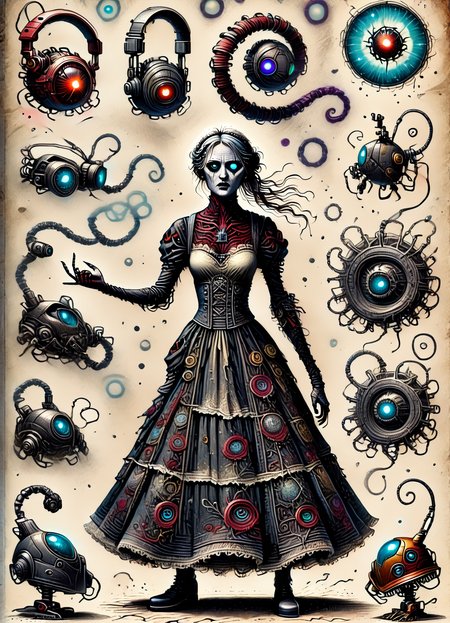 DonM5by55Pr1n7XL, score_9, score_8_up, score_7_up, score_6_up, abysal, 2d illustration, female drone developer, nano-infused mutants, mutants with nanobots integrating into their bodies, granting extraordinary abilities, retirement age, slim, middle easterner, steel gray eyes, curled ears, upturned nose, double chin, chiseled jaw, uneven cheeks,     gothic makeup , copper french braid hair, grief, ar interaction, character gestures with one hand in front of them, as if manipulating augmented reality objects,  wearing cream    digital rain print neural lace skater skirt,  holo-lace skirt,  holo-led visor, , robotic precision, character strikes a precise, mechanical pose, with rigidly angled limbs and straight posture, steampunk-cyberpunk fusion,  rating_safe  <lora:DonM5by55Pr1n7XL-pony:1.1>