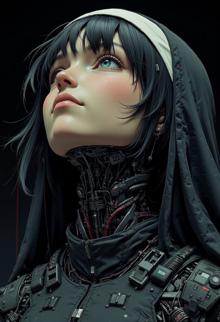 Nistyle, photorealistic, hyperdetailed, moody, volumetric lighting, atmospheric lighting, A highly detailed close-up of a robotic nun's face in manga style, featuring intricate mechanical components and a rusted, dystopian skin texture. Her bushy eyebrows are made of metallic filaments, and her dark hair is replaced by sleek, reinforced plating. She gazes upward with a serene, reverent expression, her blue-green eyes glowing softly with a calm light, as if deep in prayer. Exposed wires and micro control panels are visible along her neck and shoulders, adding to her complex design. The drawing is in black and white, emphasizing the futuristic, vintage nun's outfit reimagined in a mechanical style. The shading highlights the intricate details of her robotic habit, blending both solemnity and a sense of advanced technology, creating a mood of solemn devotion and quiet grace amid a dystopian atmosphere.