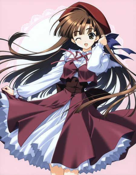 general,highres, ultra-detailed,very aesthetic,best quality ,best hands,  BREAK <lora:Mikage_Subaru_IS:1> Mikage_Subaru, 1girl,solo, brown hair, brown eyes, very long hair, bangs, medium breasts,
Mikage_Subaru, solo, one eye closed, hat, dress, smile, frills, beret, skirt, ribbon, open mouth, long sleeves, bow,