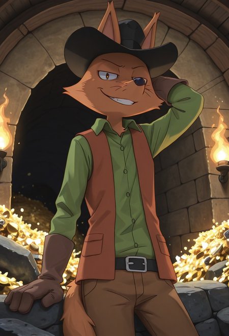 detailed background, detailed fur, cowboy shot, solo, 1boy, mid adult, ZorondoRon, fox, cocky smirk, head movement, western scenery, western background, indoors, under tunnel, boulder, lit torch, treasure, hand behind head, detailed scenery, black cowboy hat, green button up shirt, reddish brown vest, brown gloves, masterpiece, best quality, amazing quality, absurdres, newest, high res, ultra detailed, best quality, best artwork, detailed eyes, (eyes focus), perfect eyes, big iris, pupils visible, 4k, ultra quality, perfect face