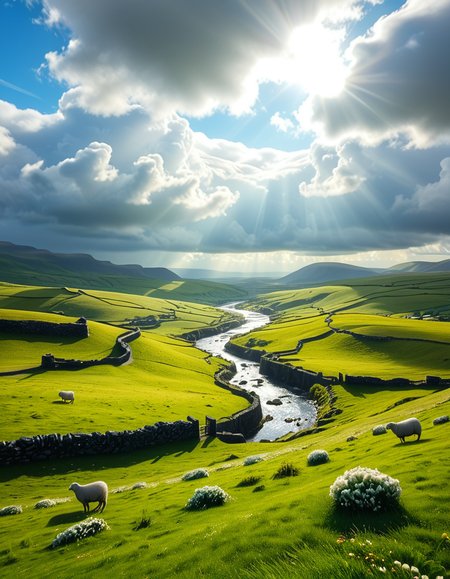 A breathtaking, high-resolution photograph of the rolling plains of Ireland, stretching endlessly under a vast, cloud-streaked sky. The landscape is a lush, vibrant green, with gentle hills covered in soft grass and dotted with scattered wildflowers. Ancient stone walls and winding dirt paths cut through the fields, marking old farmland boundaries. In the distance, a few solitary sheep graze peacefully, their white wool contrasting against the emerald grass. A small, clear river meanders through the valley, reflecting the soft light of the sky. The horizon is framed by low, misty mountains, adding depth and mystery to the scene. Above, the sky is a mix of bright blue and fluffy white clouds, casting dynamic shadows across the landscape as beams of sunlight break through. The atmosphere is serene, timeless, and rich with the natural beauty of the Irish countryside.
<lora:SDXLFaeTastic2400:0.4> <lora:extremely_detailed:0.4> extremely detailed, <lora:rolling_plains_of_1r3l4nd:1>,rolling plains of 1r3l4nd, Masterpiece,best quality,hi res,8k,hi res,8k,award winning,(sharp focus, intricate, highly detailed),