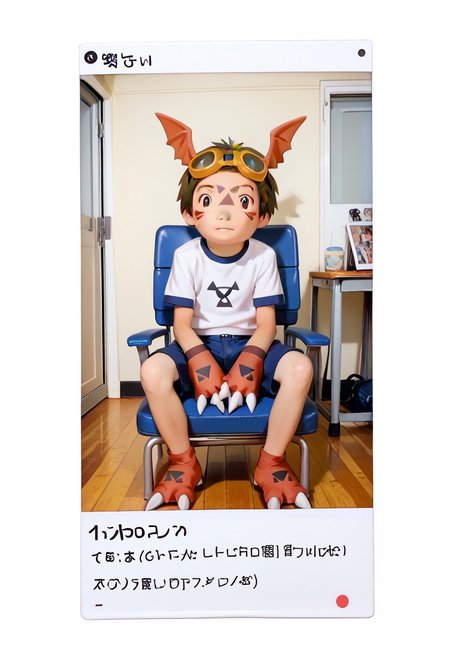 score_9, score_8_up, score_7_up, zPDXL2, 
,takato sitting chair hold guilmon,
1boy, solo, goggles on head, brown hair, jyojifuku, white shirt,  short sleeves, shorts, gym uniform,,,polaroid_photo,feral,digimon