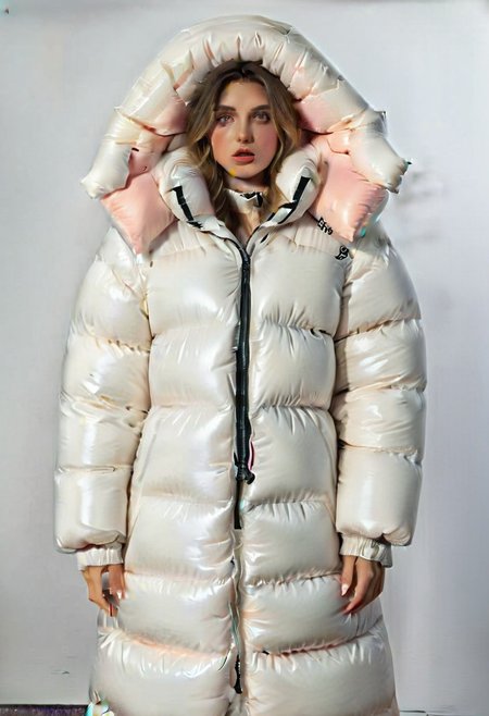 ((((sherpa puffer padded long jacket)))), ((((sharpa puffer padded strait long coat)))), ((((puffer long straight skirt)))),, ((((from back)))),full front view, ankle length skirt, standing, downcoat, winter, 1girl, solo, (masterpiece), (detailed face, detailed eyes),entire view, (beautiful detailed eyes:1.5), sidelighting, (super detail, hyper detail, intricate_details, detailed), looking at viewer, (semi realistic:1.6), very detailed face, (Blonde hair), (white hair), absurdly long hair, hair between eyes, (straight hair), (green eyes), put your hair behind your ears, eyelashs, eyeliner, (eye shadow:0.5), wet hair, sweat, white skin, Angry face, (blush), padded cuffs, padded collar, Thick padded cuffs, Thick padded collar, thick padded hood, hood up<lora:Collar-SDXL:0.6>, <lora:Cuffs-SDXL:0.6>, <lora:Puffer_Jacket_and_Down_Jacket_-_Extra_Puffy_Jackets:0.6>,  <lora:puffer_skirt_v1:0.6>