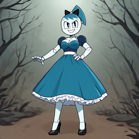 (Masterpiece, best quality:1.2), score_9, score_8_up, flat color, flat shading, soft shading, lighting, Jenny Wakeman as an adult, (((in a 1950's full length formal dark blue dress, a white belt, a fluffy frilly ruffled full white petticoat, and black high heels))), dress, layered petticoat, frilly petticoat, fluffy petticoat, full petticoat, detailed petticoat, wide skirt, detailed outfit, flowing skirt, (((long skirt))), (((solid dark blue colored dress, black high heels))), blue hair, series accurate, cute, best high quality, high res, robot, humanoid robot, (((giant breasts, cleavage))), whole body shot, 1girl, (((solo, outside, in a dark creepy forest, at night, heavy fog surrounding her, fog, heavy fog, looking at you, low angle))), (((evil, evil smile, determined evil eyes, posing gracefully and evilly))), low angle shot, cartoon, cartoon style, vector, solo, circle dress, 1950s, dance dress jenny, jenny wakeman, 1girl, solo, robot joints, black eyes, white skin, ponytail, hair bow, blue rose chest corsage, poofy dress, blue hair, flat lighting,