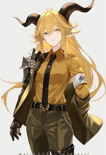 score_9, score_8_up, score_7_up, score_6_up, score_5_up, score_4_up, source_anime, 1girl, solo, 
Degenbrecher, goat horns, goat ears, yellow eyes, blonde hair, long hair, hair between eyes, bangs, jacket, shirt, necktie, pants, belt, armband, armor shoulder, gloves, tight strap, boots, military uniform, 
masterpiece, best quality, very aesthetic, absurdres,