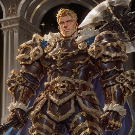 <lora:Mozein_Alchemist_Code-000003:.8>, (tagatamemozain, 1boy, blonde hair, short hair, green eyes, beard, solo, male focus, manly, mature male, bara, muscle body, fur trim, cape, armor, gauntlet, boots, grabbing battle axe,)
looking at the viewer, cowboy shot, 
(very short hair, beard, bara, mature, facial hair, stubble, beard, full beard, sideburn, beard, a lot of beard, ), facial hair,male focus, muscular male, muscular male, bara, mature,  bara, mature, aixiwuganda_(20222192), very awa, masterpiece, best quality, absurdres, newest, perfect quality, detailed background, intricate details,
<lora:slider_Body Type_alpha1.0_rank4_noxattn_last:3><lora:Anime Summer Days 2 Style SDXL_LoRA_Pony Diffusion V6 XL:.6><lora:slider_cfg_scale_boost:.7><lora:Artist6p:.55>, Artist6p, Artist04p,<lora:slider_il_brightness_slider_d1:-1><lora:slider_il_contrast_slider_d1:-1><lora:slider_DarkSlider1.2_alpha1.0_rank16_full_300steps:-.6>