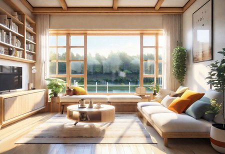 anime-style, modern-style interior, with white walls and large windows, Nordic-style furniture, a  study, Sofa, coffee table, bookcase, single wall, 
warm light morning sun, the view of the city