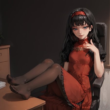 safe_pos, safe_pos, safe_pos, safe_pos, score_9, score_8_up, score_8_up, source_anime, source_safe,  expressiveh,  

solo, 
1girl ,

rg1rl, black hair, long hair, red hairband, blue eyes, puffy sleeves, red dress, frills, ((black pantyhose)), ((petite, petite body)) ((small braist)), perfect body, perfect butt,

 suit, shirt,skirt, (black pantyhose, stocking)

crosft, feet on table, full body, crossed legs, sitting, legs, foreshortening, thighs, soles, feet, foot focus, arm up, looking at viewer, smug, half-closed eyes, indoors, office chair, office, desk,

in hospital office, 