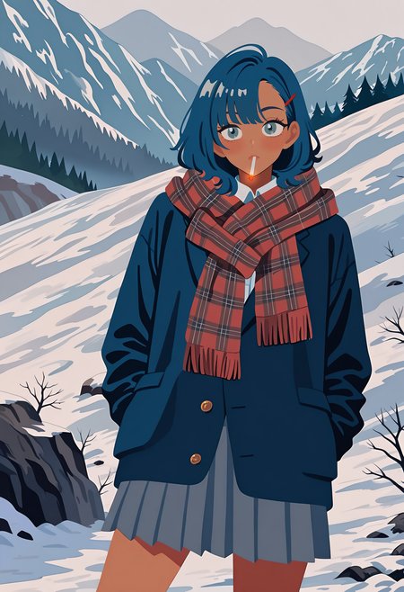 1girl,   blue hair,  medium hair,   asymmetrical bangs,    completely dark skin,   
BREAK   1girl, Standing with legs apart, smoking, holding cigarette to the mouth,   naughty,      
BREAK                   winter uniform, school uniform, blazer, plaid scarf,  snowy mountaintop, on a rock, (winter clothes, thick clothes),      
BREAK general, (kuroihato:1.15), (catbell:0.55), masterpiece, best quality, absurdres, highres, newest, <lora:ponyv6_noobV1_2_adamW:0.7>, <lora:VICE_v1.0:0.4>