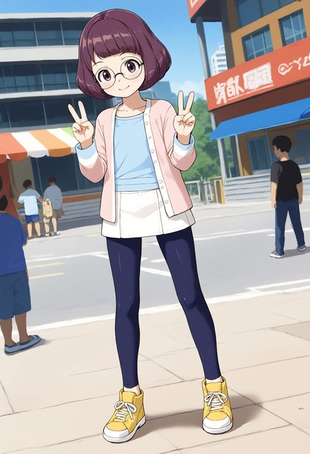 <lora:Hyper-SDXL-8steps-lora:1> <lora:Fixhands_anime_bdsqlsz_V1:1> zPDXL2, score_9, score_8_up, score_7_up, source_anime, intricate details, perfect anatomy BREAK
outdoors, beach, ocean, audience, crowd, standing, double v, knees together feet apart, upskirt, Teasing, A playful smirk, a raised eyebrow, and a hint of dominance., dynamic angle, 
1girl, solo <lora:YW-misora_inaho_XL(pony)v10:1> YW-inaho, purple hair, bob cut, short hair, glasses, pink cardigan, blue shirt, white skirt, black leggings, yellow shoes,