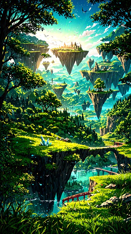 scenery, floating island, no humans, (bird:1.1), grassland, bridge, deep forest, lake, sky, crystal, fantasy, blurry background, artistic filter, polarized, masterpiece, best quality, amazing quality, very aesthetic, absurdres, newest,