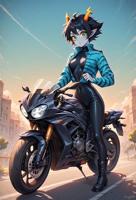 ZPDXL3, score_9, score_8_up, score_7_up, rating_unsafe, solo, masterpiece, female troll, slim, small waist, grey skin, pointy ears, round face, wide eyes, black freckles, black hair, short hair, scruffy hair, turquoise eyes, yellow sclera, straight orange horns, open top black tight leather bodysuit with turquoise stripes, open top motorcycle bodysuit with zipper, military boots, riding motorcycle, cr0tchr0ck3t, motorcycle, ground vehicle, motorcycle,