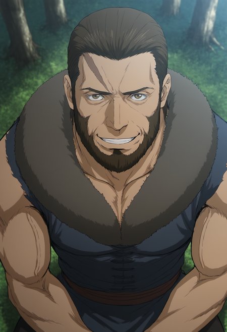 1boy, bandit_SkeletonKnight, two scars on face, beard, brown hair, brown eyes, veiny arms, score_8_up, score_7_up, score_6_up, score_9_up, a muscular man sitting on the ground at forest, fantasy, ancient ,medieval, fur collar, (manly),sleeveless shirt, hairy, face_focus, middle-age man, muscular, centered,looking at viewer,  detailed eyes, 8k uhd, high quality, bare arms, armpit_hair, happy, from above, kneel, hand togther, front view