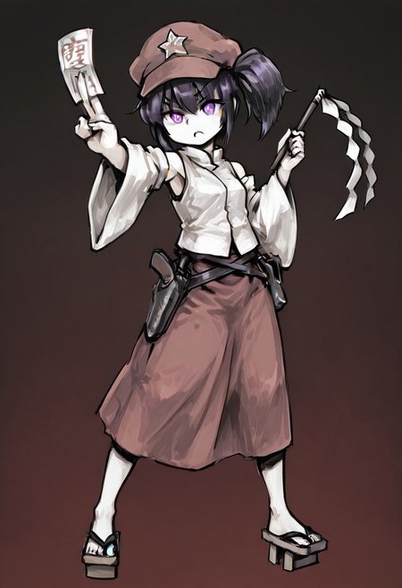 (V1 Temp), break, 1girl, ((dipplabelgirl), side ponytail, red cabbie hat, star hat ornament, white vest, mandarin collar, bow, wide sleeves, red skirt, bare shoulders, purple eyes, black hair, geta, leather hip holster, pistol in holster), holding gohei, standing, posing, confident, holding white Ofuda, full body, dark background, glowing eyes, digital background, blocky background, simple background, red monochrome, jaggy lines, foreshortening