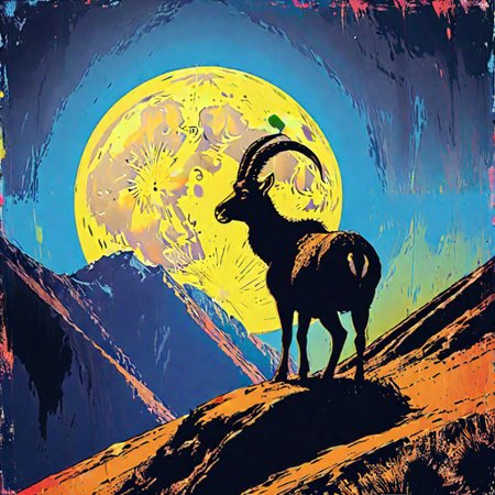 impactful color paint of, 1 walia ibex standing on top of a cliff under 1 white moon, black silhouette against white moon, black cliff, black  sky,