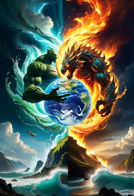 Earth elemental, colliding with fire elemental, colliding with wind elemental, colliding with water elemental