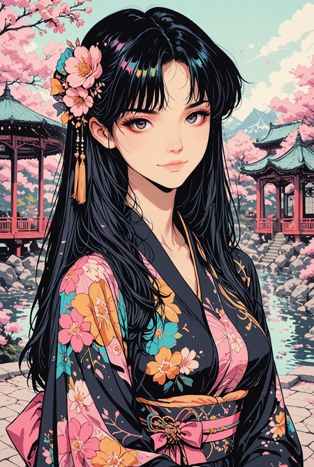 masterpiece, best quality, good quality, very aesthetic, absurdres, newest, 8K, focused subject, close up, detailed_eyes, sexy, detailed, hyper-detailed, detailed, 
BREAK, black_hair, colorful floral kimono, petite body, medium breasts, traditional japanese flower hair ornament,
BREAK, confident expression, sexy pose, bedroom_eyes, holding japanese umbrella,
BREAK, solo, detailed_background, japanese castle, zen garden, cherry blossom trees, colorful flowers, pond, gazebo, looking at viewer, close up <lora:ck-neon-retrowave-IL-000012:0.8> <lora:ck-Ncore-anime-IL-000012:0.6> <lora:ck-shadow-circuit-IL-000012:0.75> <lora:MoriiMee_Gothic_Niji_Style_Illustrious_r1:0.45>