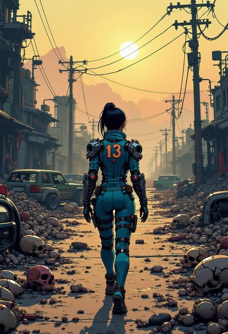 digital artwork in the style of cknc, The image depicts a character walking through a post-apocalyptic landscape, evoking a strong sense of desolation and survival. The character is seen from behind, walking away from the viewer down a deserted road. The character is wearing a form-fitting blue jumpsuit with the number "13" prominently displayed on the back, suggesting affiliation with some kind of group or organization. The suit is equipped with metallic shoulder pads and armguards, giving a futuristic or sci-fi look, possibly for protection. The environment around the character is grim and dystopian. The road is littered with debris such as skulls, bones, and discarded items, indicating past violence or death. There are remnants of old vehicles and crumbling buildings, some still standing but in a severely dilapidated state, hinting at a once-functioning society that has now collapsed. The lighting is dramatic, with the sun low in the sky, casting a golden hue over the scene. This creates long shadows, enhancing the visual depth of the image and giving the landscape a haunting beauty despite its ruinous state. The character’s stance, confidently walking into the horizon, suggests resilience, as though they are on a mission or journey in this ruined world. The image captures a mixture of isolation, determination, and the stark beauty of a world ravaged by disaster.   <lora:ck-nc-pastel-cyberpunk:1.2> <lora:fluxVikingPunk:0.6>