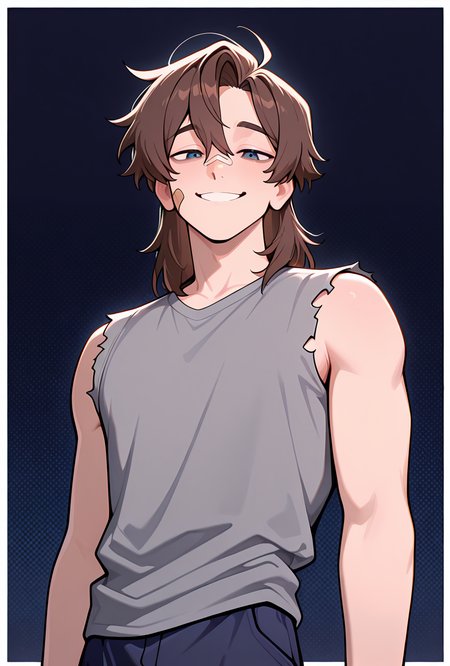 <lora:michafton-10:1> michafton, brown hair, 1boy, grey shirt, sleeveless shirt, bandaid on face, torn clothes, torn sleeves, navy blue shorts, smile, dark blue background,, masterpiece, best quality, amazing quality, very aesthetic, absurdres, newest,, upper body, halftone effect, white borders, abstract background:1.2,