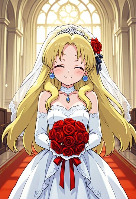 score_9,score_8_up,score_7_up,source_anime,5_figner,2d_animation,game cg,BREKE,1girl,solo,
Kalinka Xover,bangs,blonde hair,long hair,green eyes,
hair ornament,wedding dress, ribbon, bare shoulders,
 jewelry, hair ribbon, flower, hair flower, 
white dress,rose, veil,red flower, white footwear
bouquet, bridal veil, red rose, holding bouquet,bride,small breast,
front view,lovey-dovey,closed eyes.smile,blush,
church,wedding,rice shower,red carpet,upper body,
masterpiece,best qualit,ultra-detailed,illustration,an extremely delicate and beautiful,beautiful detailed eyes,unity 8k wallpaper,high resolution,anime CG,official_art,