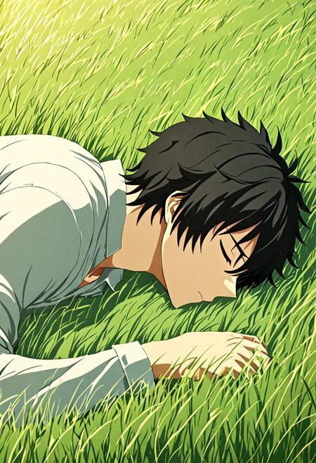 high resolution, solo, best quality, 1Boy, Seiya Kanie, black hair, short hair, thin, sleep, nap, grass, meadow hills, wind breeze, OverallDetail