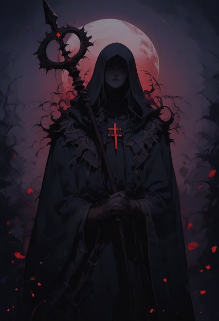 score_9, score_8_up, score_7_up, hidden face, mischievous character, draped in a tattered black fur cloak, standing upright, holding a pagan staff with mushrooms, bats flying around, warlock and trickster, occult tattoos cover hands, with religious outfit visible around the waist. background is a dark thick wood and moon is shining through the ticket, evil and occult aura of the character. The style is ethereal and artistic, soft lighting and shadows, cinematic warm lighting, satanic, black fur cloak should have a rough texture, staff should have a shining bloody rune, the character is frenzy and ecstatic