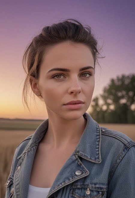 30yo american woman in a wheat field
Small eyes. Brown eyes.
Wearing ripped Denim jacket
no makeup. Clear skin.  realistic skin style
Long dark black slick back hair. No makeup. Dusk, Street light. Looking at camera POV. Slight smile, tilting head.. Tilt head. Hands in head, face, lips.
Medium Close Up shot. Bokeh. Bokeh light. Sunset. yellow, purple sky.