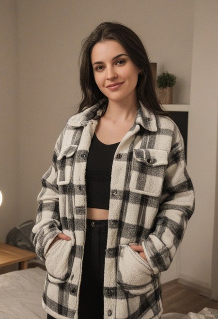30yo woman wearing Plaid Polar Fleece Shacket with white textures 
long black dark hair slick back and smooth. Kissface. 
smile. Looking at camera. POV.
happy. 
Living room. Fully furnished.
Night time.
Portrait.