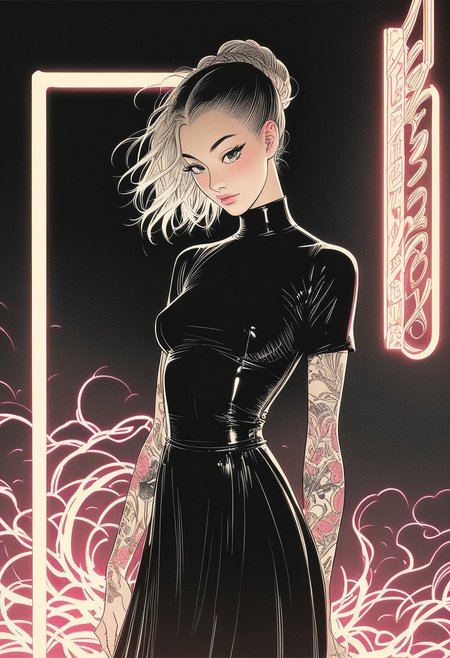 score_9, score_8, score_7, score_6,
UKIYO-E, detailed, hentai manga, black dress, g0th1c, glowing, neon lights, neon background