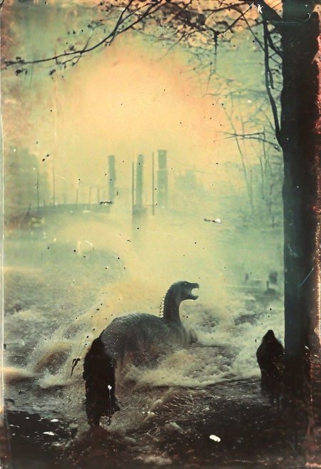 B&W 35mm vintage street photo of Lochness Monster in the East River of NY     <lora:Vintage_Street_Photo:1.0>