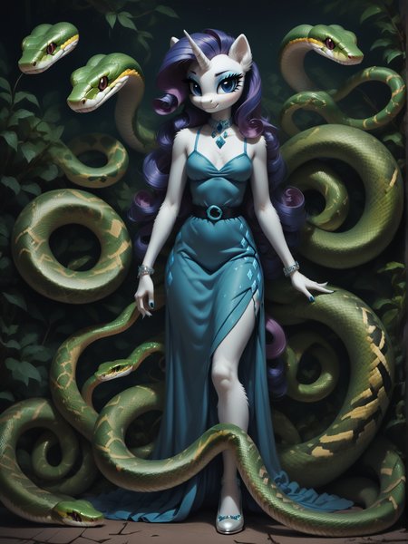 score_9, score_8_up, score_7_up, score_6_up,  1girl, solo, (Rarity:1.3) \(mlp\), (anthro pony:1.1), tail, dress,
<lora:Serpent_World:1> snake, <lora:Anime Summer Night Style SDXL_LoRA_Pony Diffusion V6 XL:0.5>  <lora:Realistic000003_1_2.5DAnime_0.05_Merge1:0.5>  <lora:MegaFluffyPony:0.5> MegaFluffyPony, furry, fluffy, dark theme, low light,