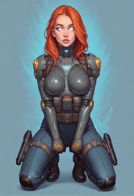1girl,
Glowing aura surrounding a futuristic character like the Nomad, clad in a futuristic detailed brown suit handmade, (((army body armor))) patches on suit, redhead, long bangs,holographic blue light streaks, full face gasmask, (((white eyes without pupils opened)), 
BREAK 
((((full closed)))), (((big futuristic gun in hands, sci-fi gun in hands)))
strange world background score_9, score_8_up, score_7_up, score_6_up, source_cartoon, rating_explicit, Expressiveh, (((((full body))))), dynamic pose