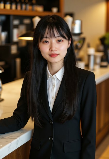FictionalZhao, long black hair, wispy bangs, brown eyes
Wearing a three piece suit, as a receptionist at a hotel. Greeting you.