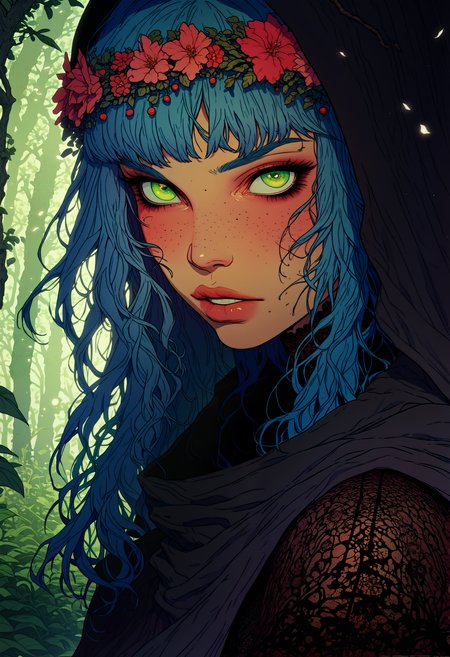 score_9, score_8_up, score_7_up, score_6_up, score_5_up, score_4_up, mysterious woman, fantasy elf, unearthly beauty, light blond hair, long flowing hair, graceful facial features, bright green eyes, light blush, calm expression,  looking at the viewer, close up photo, portrait,   translucent black linen, intricate lace, intricate floral patterns, transparent material, dark cloak, decorative horns, fall foliage, leaf and flower decorations,  fantasy theme, twilight lighting, soft diffused light, misty atmosphere, muted colors, forest background, magical atmosphere, highly detailed illustration, 