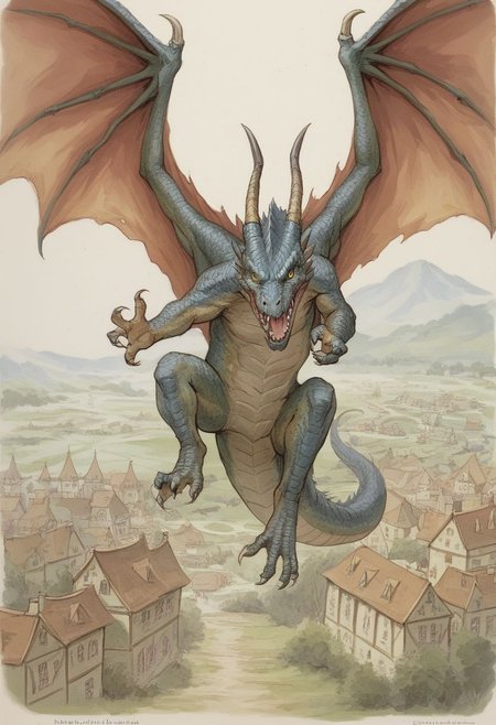 Score_9,  ,  in the style of Beatrix Potter,  a dragon attacking a fantasy village, from the air, zoomed out