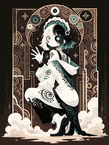 masterpiece,best quality,amazing quality,very aesthetic, haiz_ai, wasabi_natsume_illu, LeIsT0_illu, in the style of cksc, 
abstract,surreal, no lineart,no outline, anime style, dark Fairytale, 2d, brown background, white theme, 
    glowing eye lenses, light blue eyes, laugh,  looking at viewer,   Turquoise hair, writing, body writing, full body tattoo, tattoo, face tattoo, chest tattoo, leg tattoo, arm tattoo,  (tights:1.1),    claw marks,  dirty,  white skin, colored skin, from behind, looking back, looking at viewer, cinematic view,, crouching , waving,    
embroidered, cotton  hooded cape, marble headdress,
(racing suit:1.2), 
baggy clothes, oversized clothes, off shoulder,  light green clothes,
 limited palette,   dark white theme, elaborate background, patterns, puzzle pattern, fog, mist, smoke, spot colors,    
<lora:wasabi_natsume_style_r1:1> <lora:haiz_ai_illu:1> <lora:xl_more_art-full_v1:0.6> <lora:Dark_Ghibli:0.2> <lora:illustrious_very_aesthetic_v1:0.2> <lora:Navi_GreedStrokes_IL:0.4> <lora:LeIsT0_style:0.2>