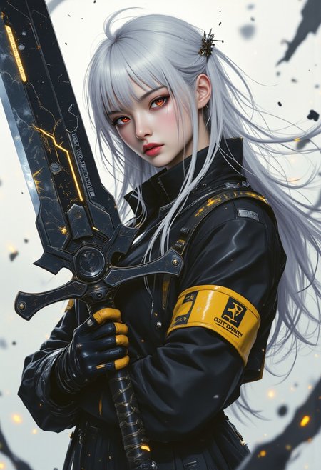 A powerful cyberpunk female warrior with long platinum hair and red eyes, wearing a futuristic black and yellow jacket with spikes and metallic straps. She wields a massive sword with scratches and glowing engravings. The artwork is highly detailed,  anime aesthetics with dark sci-fi., featuring dynamic lighting,