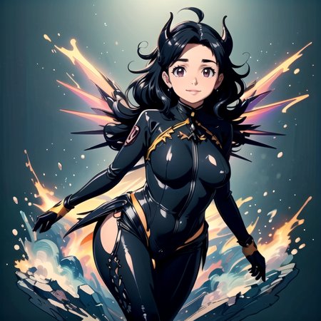 ((top quality, 8k wallpaper)),(masterpiece, best quality),extremely detailed,high definition,(official art:1.3),(((anime screencap,black outline))),<lora:more_details:0.3>,<lora:LCM_LoRA_Weights_SD15:1>,1girl, (large breasts), (parted bangs:1.6), <lora:ETO_OC:0.2> ETO-OC, <lora:ETO_OCC006:0.4>, ETO_OCC, (curly hair:1.3), (long hair:1.1), thick eyebrows, pale skin, curvy, (plump:1.2), fat, 1girl, mature female, smile, black hair, looking at viewer,  BREAK <lora:devilmercy-nvwls-v1:0.7> devilmercy, demon horns, blue sleeves, opalescent bodysuit, long sleeves, blue gloves, pelvic curtain, (mechanical wings:1.4), black leggings, fire, sparks, brimstone, (glowing wings), (neon lights), magical, mystical, rainbow, <lora:opal-style-darquelilly-v1:0.8> opalstyle