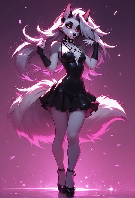 score_9, score_8_up, score_7_up, score_6_up, 1girl, solo, loona, from hellova boss, anthro furry, long hair, nightclub outfit, tight pink dress, perfect face, perfecteyes, sexy, sexy girl, beautiful eyes,  dancing, dynamic angle, full body shot, red eyes, glowing eyes, red sclera, long fluffy tail, D4NC3RS