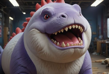 HD, Raytracing, cinematic, sense of scale, 1massive chonkasaurus white, big red round nose, red lipstick, blue eyeshadow, glasgow smile, atmospheric, empty space, colours, blurry background, realistic fur, purple realistic eyes, bloodshot eyes, <lora:chonkasaurus-000003:1>