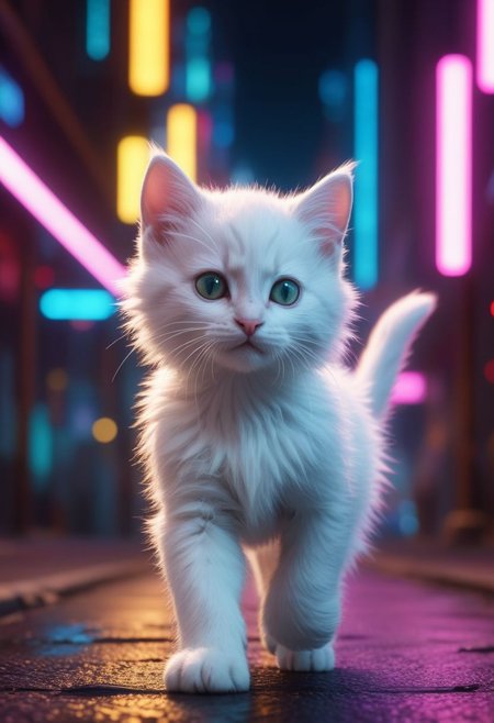 a white small kitten walking down the road during night in a cyberpunk city lit up by neon lights, long fur, detailed fur, hyper realistic, highest quality, dof, hd, 4k