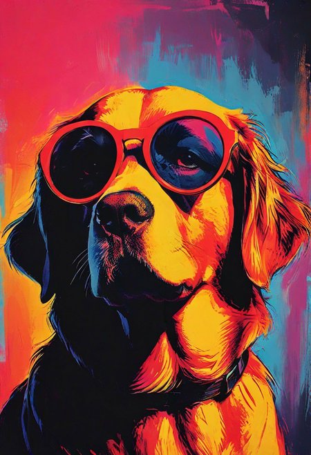 impactful color paint of, a Golden Retriever, wearing dark sunglasses, highly detailed, vibrant colors , 8k, sharp, professional, clear, high contrast, high saturated, , vivid deep blacks, crystal clear