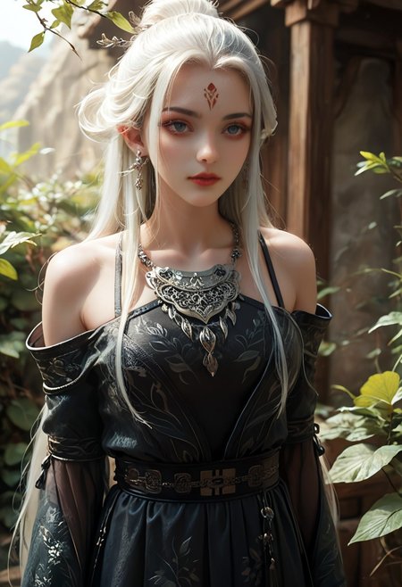 <lora:ponyxiaobai2v:1>,xiaobai,score_9,score_8_up,score_7_up,a highly detailed CGI rendering of a female character with a fantasy aesthetic, she has a pale skin complexion and long ,flowing white hair adorned with intricate ,leaf-like designs ,her eyes are large and expressive, with a serene, almost contemplative expression, she wears a form-fitting, off-the-shoulder dress in a deep black silky color with silver accents, the dress features intricate, floral patterns and a high neckline, accentuating her slender physique, around her neck, she accessorizes with a delicate, silver necklace and matching earrings, her attire is reminiscent of a medieval or fantasy-inspired outfit, with the dress having a high slit that reveals her midriff, the lighting is soft and diffused, casting gentle shadows that enhance the texture of the stone and the character's attire, the overall mood is one of serenity and otherworldly beauty, very long hair, realism,