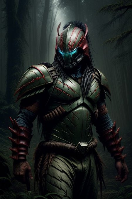 Amazing scene of Predator, fully armored Yautja,  badass helmet with war paint, misty forest setting, dimly lit, epic lighting, predator has advances technological rocket-launch system deployed from his shoulder armor, 
highest quality, focused, clear,