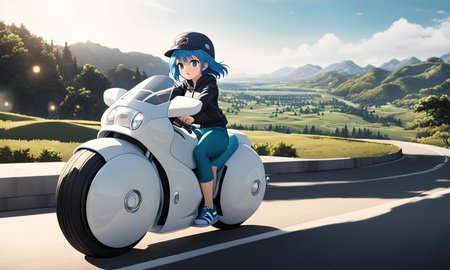 cartoon of woman riding large round motorcycle with a windshield,   best quality, highly detailed, bokeh, blue hair, cool sneakers,  <lora:cap9motosdxl:0.8>, beautiful landscape, cinematic lighting, photorealistic, cap9motosdxl, anime, bulma, vibrant colors,